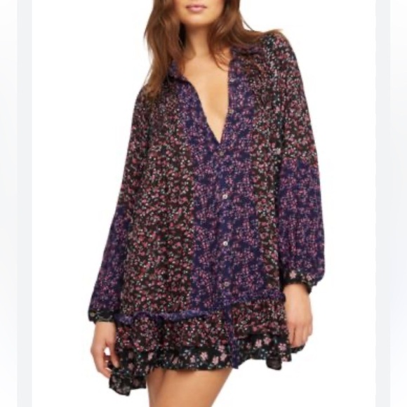Free People dress tunic Lost in You Floral Button Ruffle Top Mini Black small - Picture 6 of 6